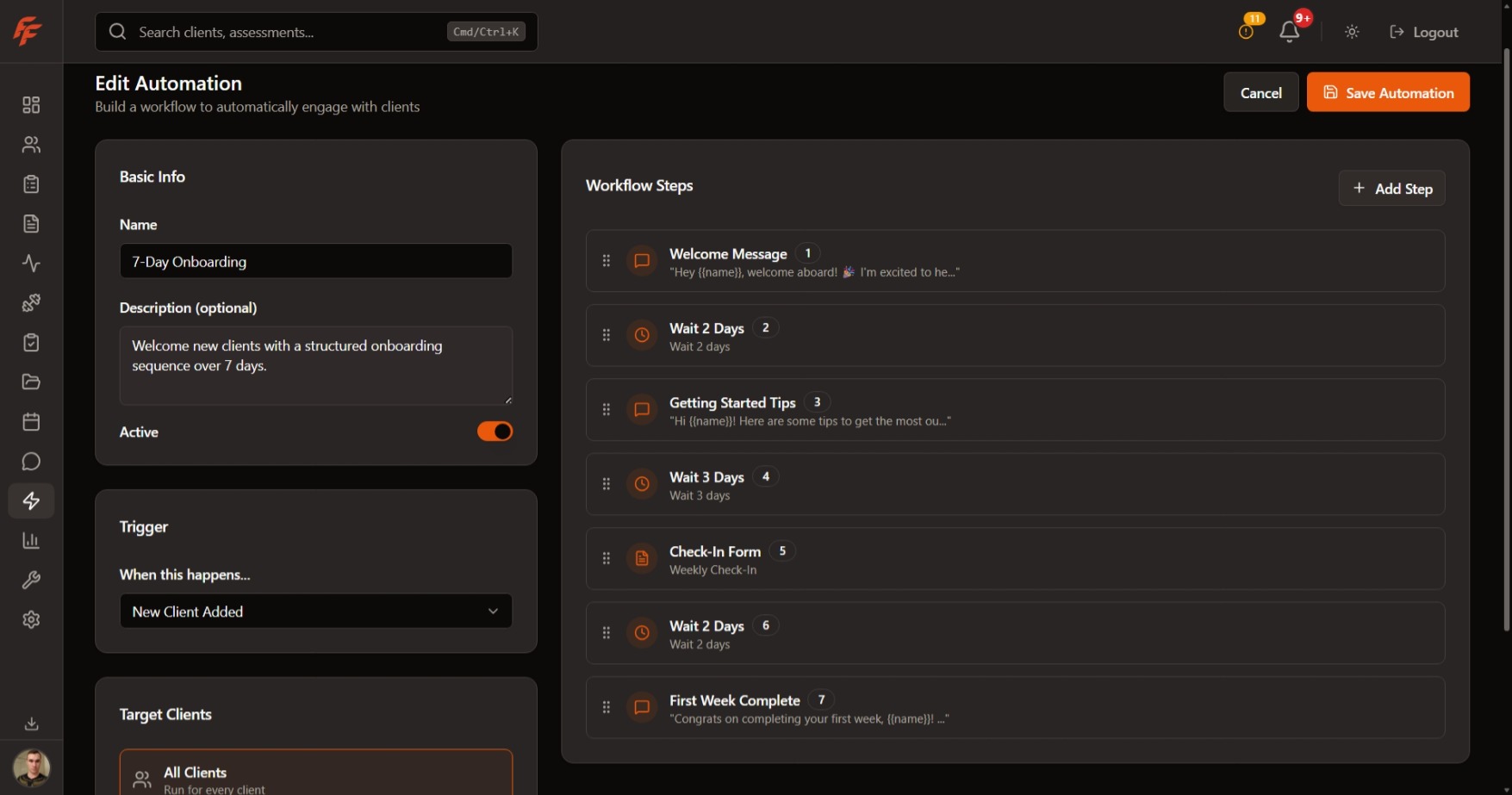 Automations page screenshot showing workflow editor, trigger setup, and multi-step sequence builder.