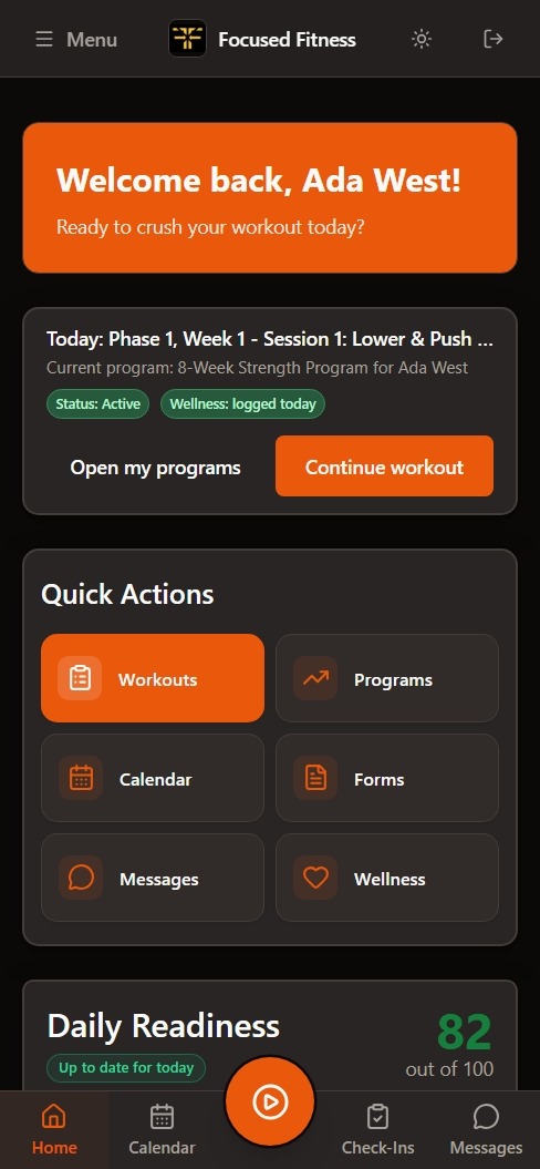 Client app dashboard screenshot showing today's action card, quick actions, and client workflow priorities.
