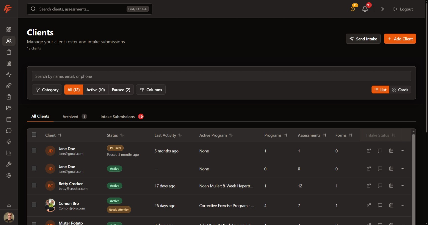 Client management page screenshot showing client roster filters, tabs, and table view.