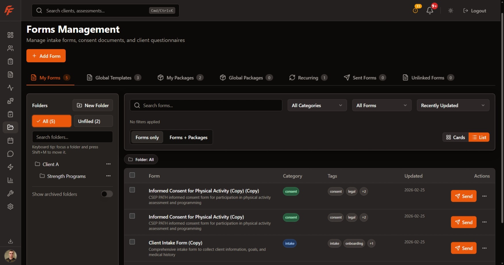 Forms and intake page screenshot showing form templates, submission statuses, and review workflow.
