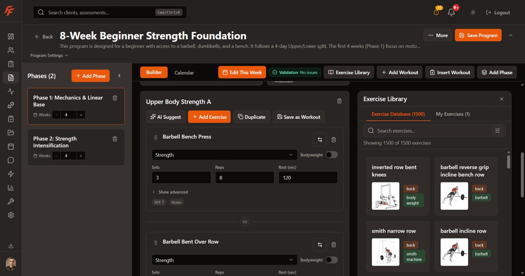 Program Builder view with phase controls, workout cards, and exercise editing tools.
