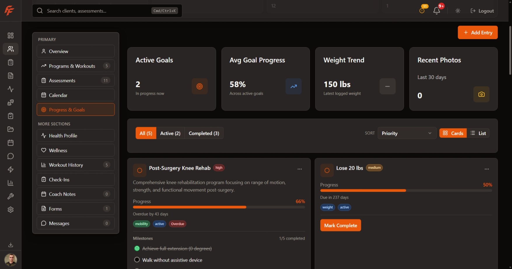 Progress and goals page screenshot showing goal cards, progress bars, trend summaries, and client milestones.
