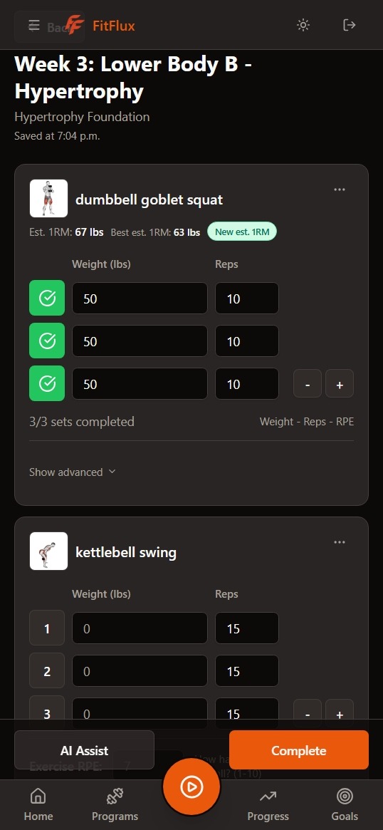 Workout Logger mobile screenshot showing completed set tracking, exercise cards, and in-session logging controls.